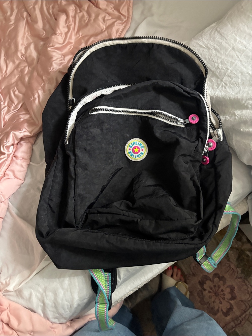 Kipling Black Nylon Backpack with Pink Accents and Multicolor Straps